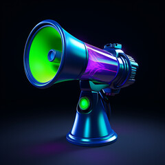 a realistic megaphone blue accent color, dark blue background color, futuristic, accent colors lime green, bright purple created with Generative Ai