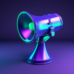 a realistic megaphone blue accent color, dark blue background color, futuristic, accent colors lime green, bright purple created with Generative Ai