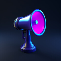 a realistic megaphone blue accent color, dark blue background color, futuristic, accent colors lime green, bright purple created with Generative Ai