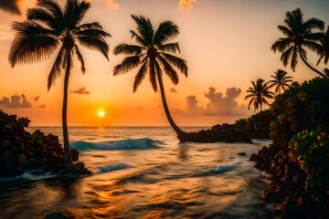 amazing sunset view on the beach with the palm trees