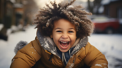 Black mixed race toddler child wearing a coat laughing and having fun on a snow sled, skid, sledge, toboggan and sliding down hill of snow, winter snowy cold Christmas season  - obrazy, fototapety, plakaty