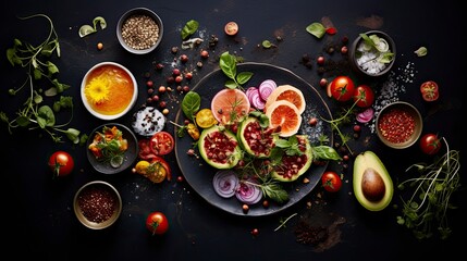Food art plate top view background, kitchen, cuisine, food background, delicious
