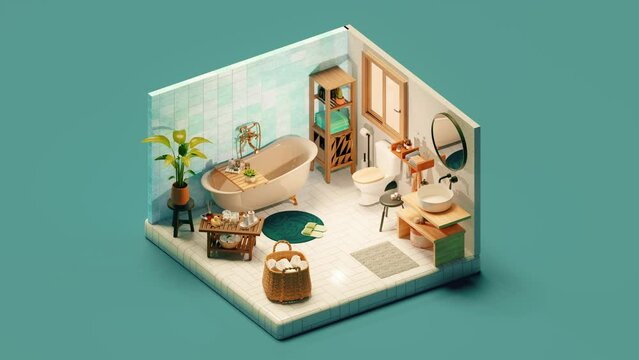 Interior of isometric view of bathroom with tub. 3d isometric loop
