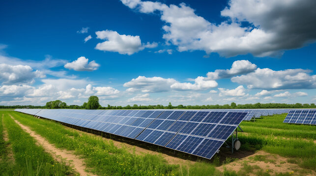 showcasing farmland that has been thoughtfully improved with agrivoltaics, demonstrating the integration of solar panels that offer both renewable energy generation and effective shading for crops