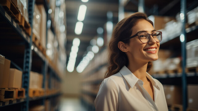 Businesswoman or supervisor smiling while standing in a large warehouse