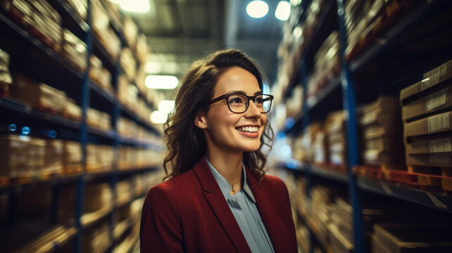 Businesswoman or supervisor smiling while standing in a large warehouse