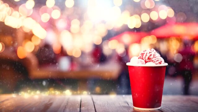 A cup of hot tea or chocolate on the table during the Christmas fair. Christmas scenery. Animated snow and bokeh lights
