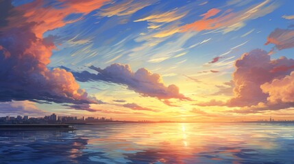 Fototapeta premium Beautiful city landscape background. Cartoon summer sunset with clouds and lake. Anime style