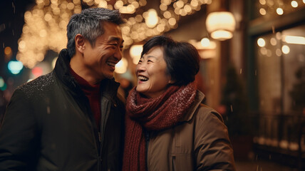 Fototapeta premium asian mature couple in love walks in the street with christmas lights