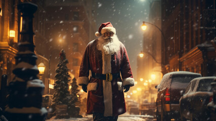 Santa Claus walks down the street on Christmas Eve night.
