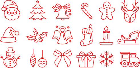 Pixel perfect icon set of christmas, xmas, ornament, decoration,  decor, Santa Claus, tree, gift, celebration. Thin line icons, flat vector illustrations. Isolated on white, transparent background
