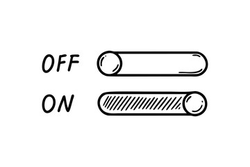 On Off switch doodle button. Active inactive hand drawn slider icon. Ui, app design element. Sketch vector illustration