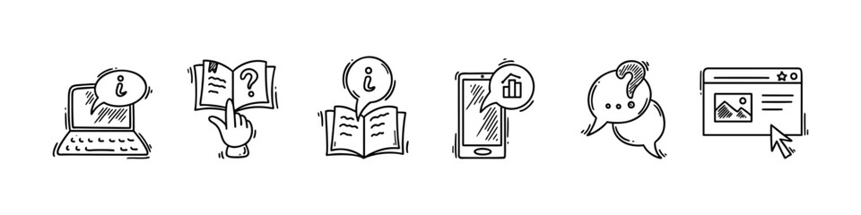 Doodle faq icons set. Ask question and answers information web page. Guidebook, customer support chat, analytic statistic application sketch line symbols. - obrazy, fototapety, plakaty