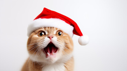 Adorable Ginger Cat Gazing Upwards While Donning a Santa's Hat, Isolated on a Blank Background