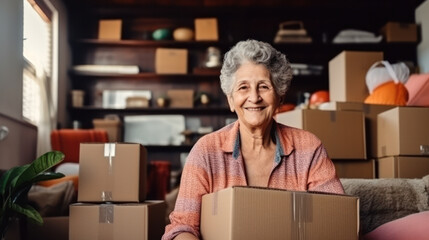 Happy senior middle 60s aged woman at home with card boxes. Relocation, hospice, new home