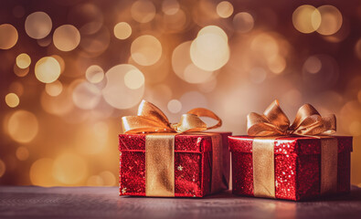 Świąteczne tło z czerwonymi, brokatowymi pudełkami prezentowymi i złotym bokeh. Miejsce na tekst. Świąteczna karta.