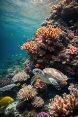 Naklejka na ściany i meble coral reef with fish, turtle