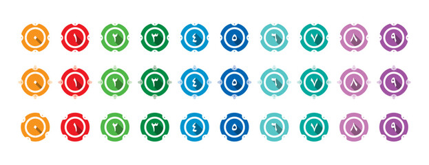 arabic numbers in colored circle. shaded arabic numbers. arabic numbers set