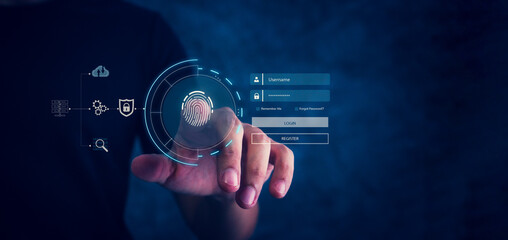 Cyber Protection Data Security Internet Privacy, Internet and technology concept on virtual screen. Man touching on lock icon. AI technology Protection energy use in industry.