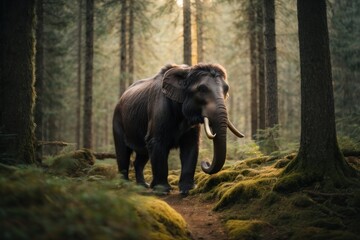 Fototapeta premium Primeval Scene: A Herd of Mammoth Grazing Among Towering Trees