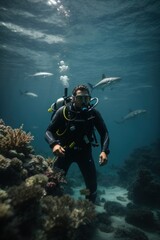 Naklejka na ściany i meble Deep Blue Discovery: Scuba Divers Exploring the Ocean Realm