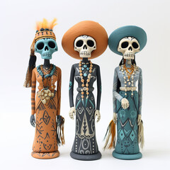 a variety of 3" split boho skeleton figures in boho clothing combining matt white, black, purple, orange, teal and slate grey colours created with Generative Ai