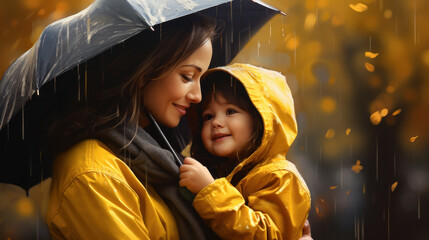 Young beautiful woman with pretty little daughter in park under rain. Mother and daughter together. Friendly family being happy and cheerful. Family outdoor in rain.