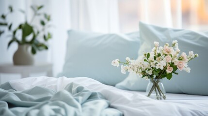 A soft-focus view of fresh white flowers on a tranquil bedroom's blue sheets, radiating calm.