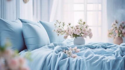 Crisp bedroom decor featuring fresh flowers in soft light, inviting relaxation and comfort.