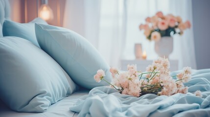Fototapeta na wymiar Pink flowers on crumpled bed sheets offer a charming and serene bedroom environment.
