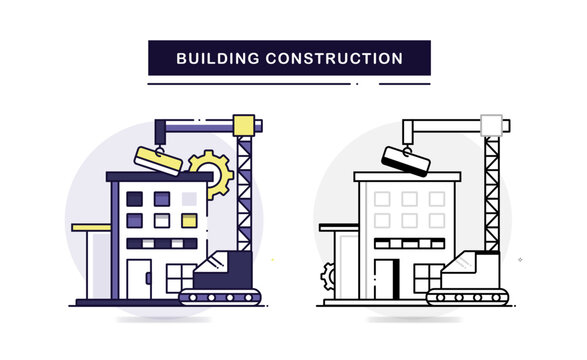 Building Construction Detailed Icon: Crane and Gear Icon in Action | Style Colored & Line in Black and white color. 
