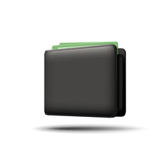 Modern black wallet with cash 3D. Realistic illustration for business, finance, earnings, electronic, and cash settlement concepts. Object on a white background.
