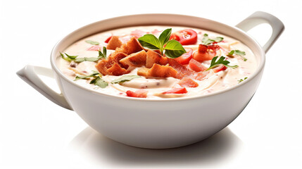 Tomato Soup With Cream in Bowl on Blurry Background