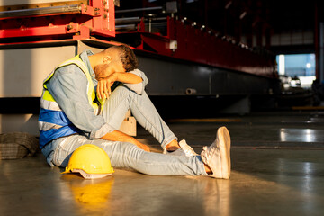 exhausted industrial worker has problem sitting on floor behind machine feeling sick headache...