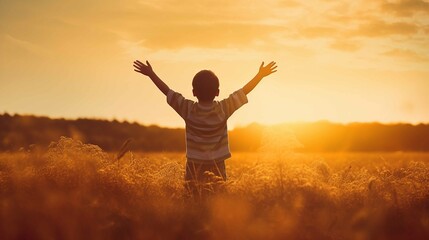 A little boy raises his hands above the sunset sky, enjoying life and nature. Happy kid on a summer field looking at the sun. Silhouette of a male child in the sun. Fresh air, environment concept