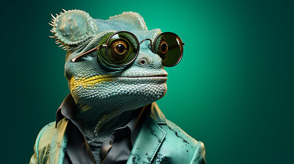 Sunglasses-Wearing Chameleon Posing Against a Solid-Color Backdrop created with generative AI technology