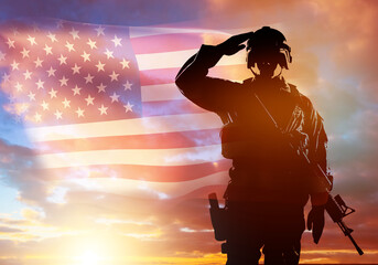 Military person from USA. Warrior army at sunset. Soldier stands with machine gun. USA flag in sky. American military person is ready for battle. Soldier salutes. Silhouette of fighter. 3d image - obrazy, fototapety, plakaty