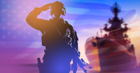 US marine corps. Soldier near warship. Silhouette of man in military equipment. Ship NAVY US. Marine soldier with machine gun. US marine corps training concept. American NAVY. 3d image - obrazy, fototapety, plakaty