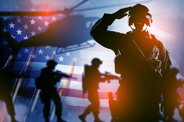 US military forces. Warriors near American flag. Soldier salutes. Silhouettes of warriors and...