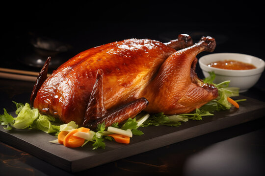 Whole roast duck on dinning table. Grilled pecking duck.