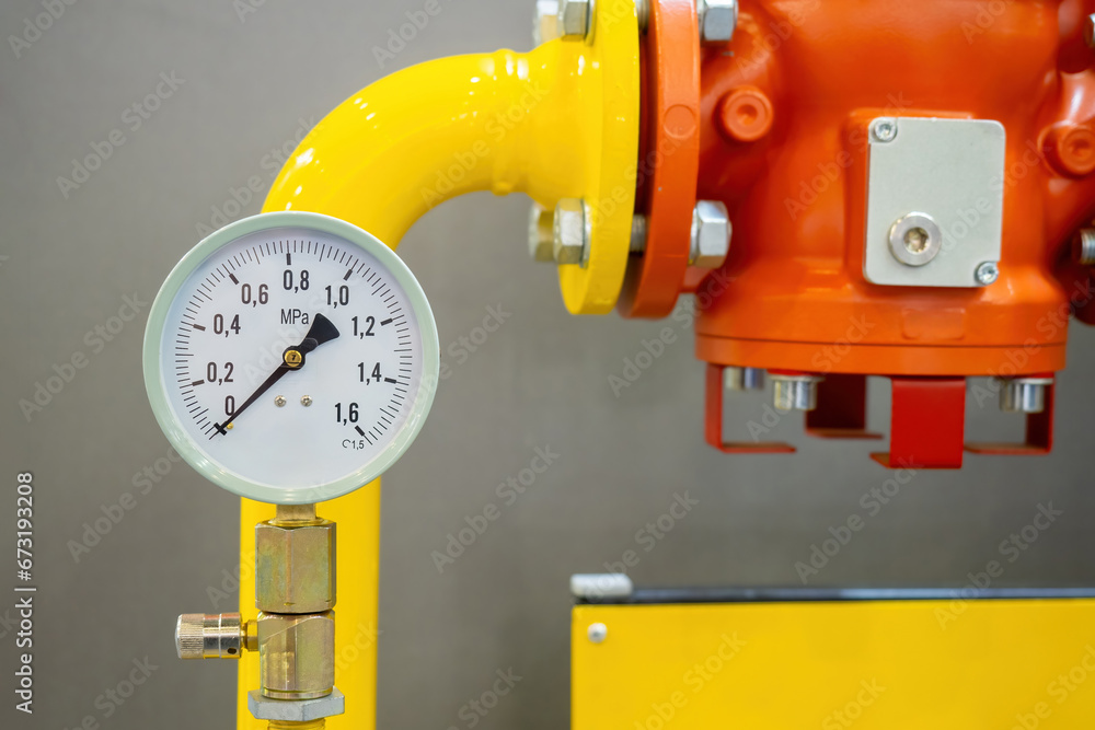 Poster gas equipment with manometer. mechanical sensor indicates lack of pressure in pipes. yellow-red pipe