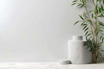 White podium with bamboo leaves on a light gray background. Generative AI - obrazy, fototapety, plakaty