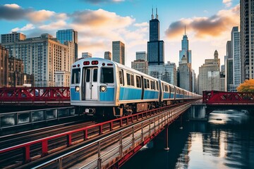 Obraz premium Chicago elevated railway train panorama. Generative AI