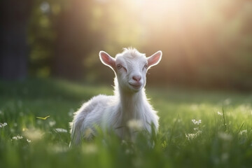 Serene Afternoon: A Goat Resting in the Sunlit Meadow