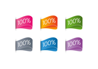 100 percent ribbon label set. six step color labels. colorful labels for textile, shopping, education world