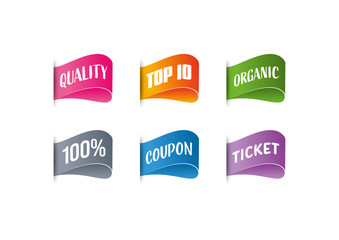 100 percent ribbon label. top 10 ribbon label. organic ribbon label. coupon ribbon tag. ticket ribbon label. colorful labels for textile, shopping, education world