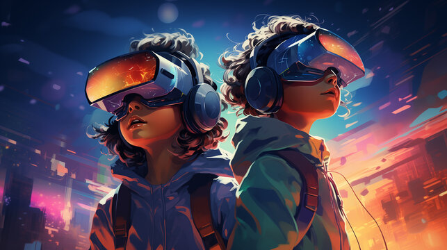  kids in a virtual reality headsets . . colored neon light. copy space