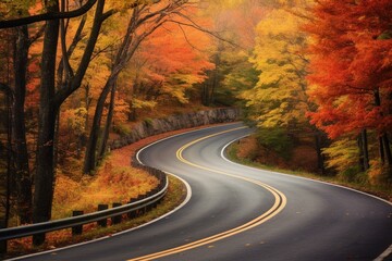 Curvy road winds through colorful fall trees in New England. Generative AI - obrazy, fototapety, plakaty