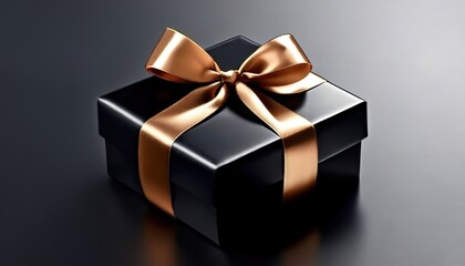 Gift box wrapped in black paper with golden ribbon on dark background. Black Friday, Boxing Day. Copy space for text.