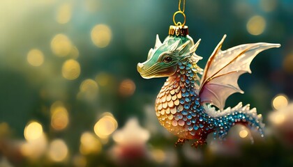 Fototapeta premium Christmas tree decoration - green glass Dragon toy symbol of Chinese New Year 2024. Holiday celebration background.